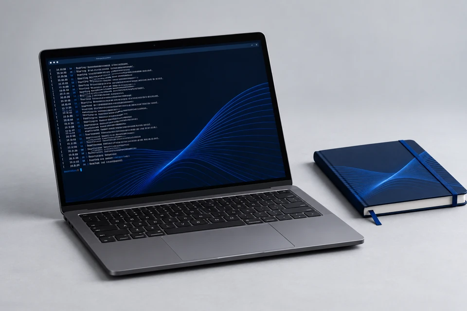 Ноутбук с терминалом Linux и блокнот в оформлении НАЙС.ОС