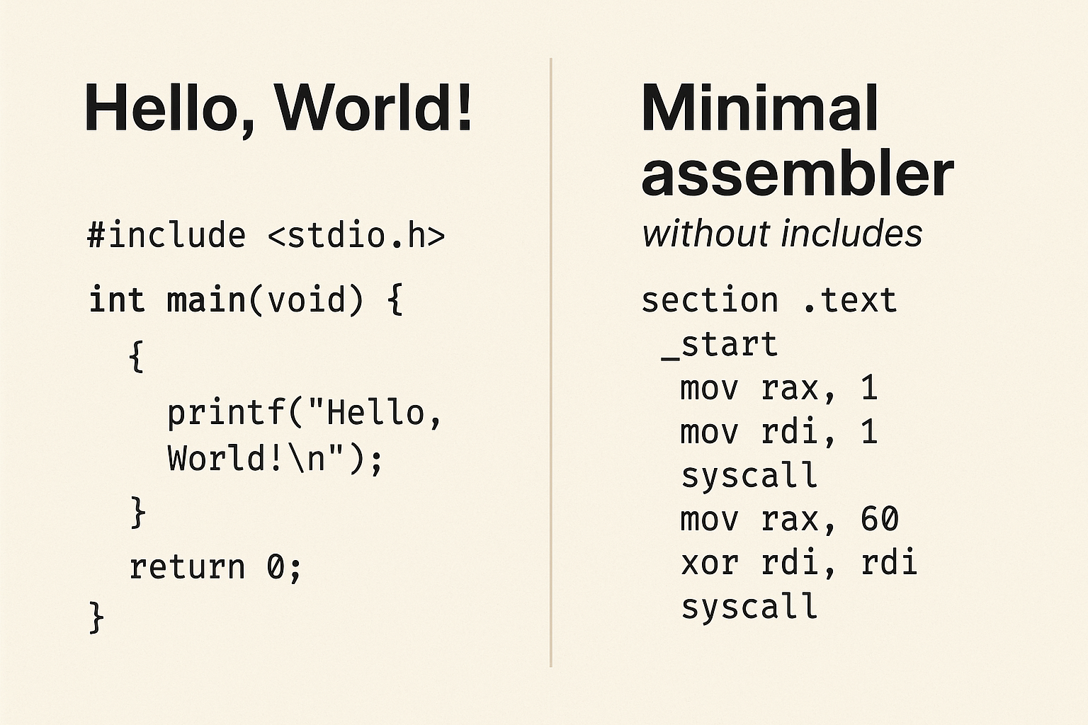 Минимализм в C: от Hello World без заголовков к чистому ассемблеру